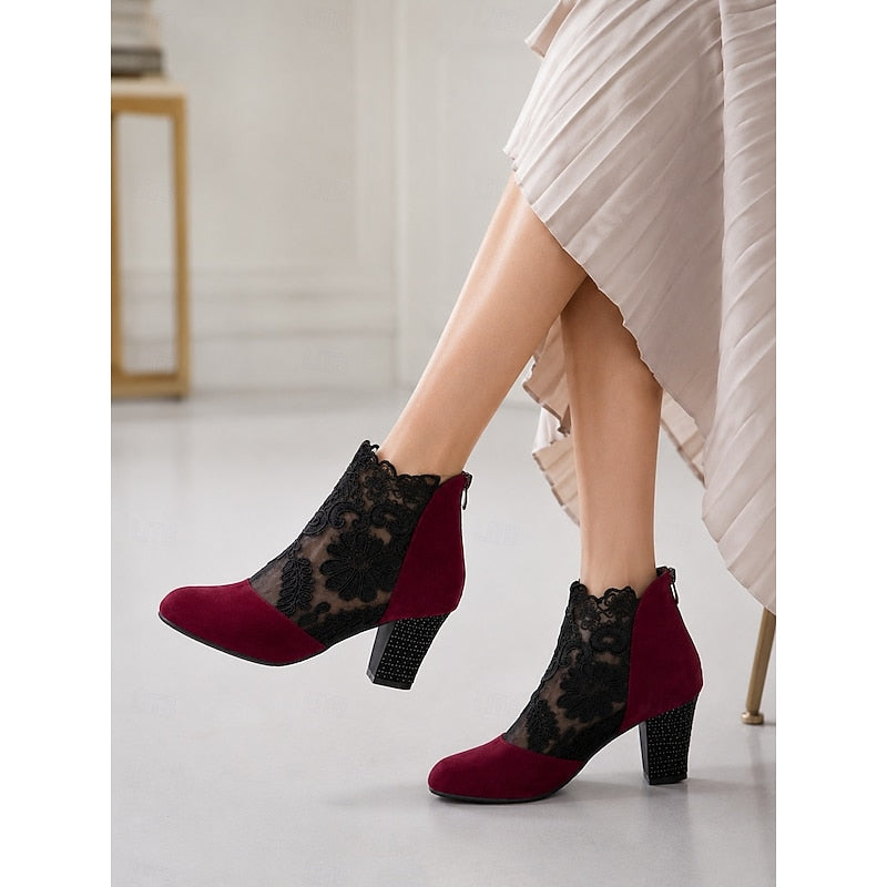 Lace-Accent Block Heel Ankle Boots