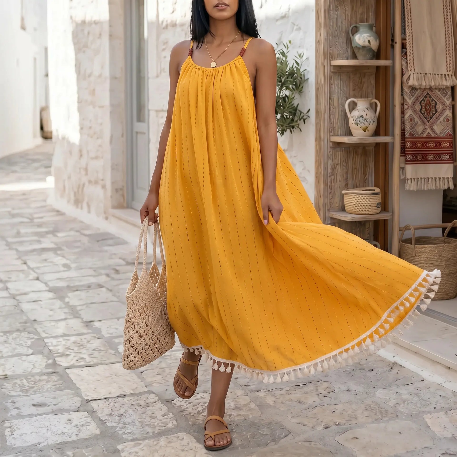 Women's Golden Bohemian Tassel Maxi Dress