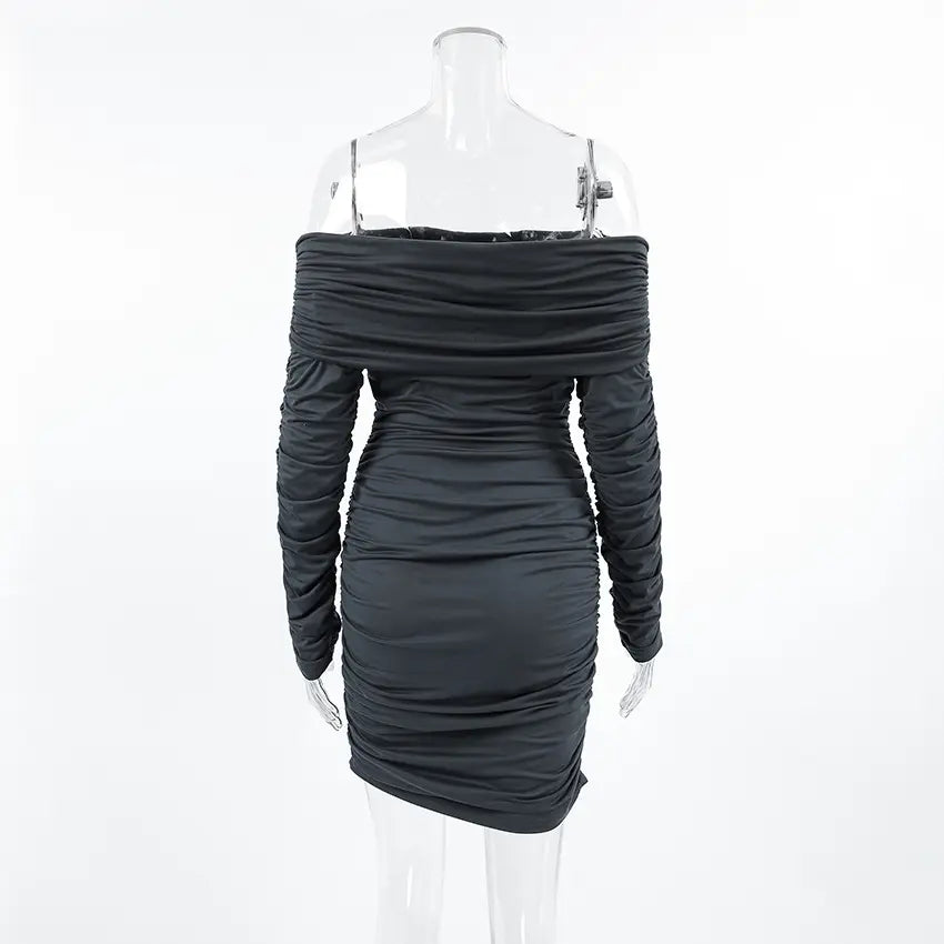 Charcoal grey off-shoulder long-sleeved ruched mini dress displayed from the back on a clear mannequin. Features intricate all-over draping and a form-fitting silhouette.