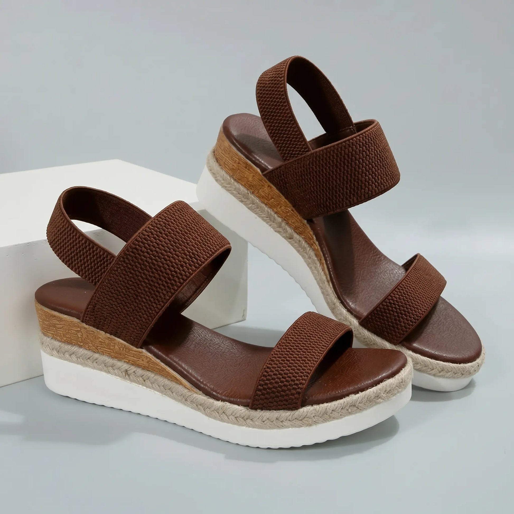 Zaylin Rich Espresso Brown women's espadrille wedge sandals with peep-toe, elasticated straps, and a layered platform sole featuring natural jute rope.