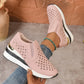 Zayna women's dusty rose perforated heart wedge loafers shown on foot, offering a blend of bohemian charm and elegant comfort with a gold heel accent.