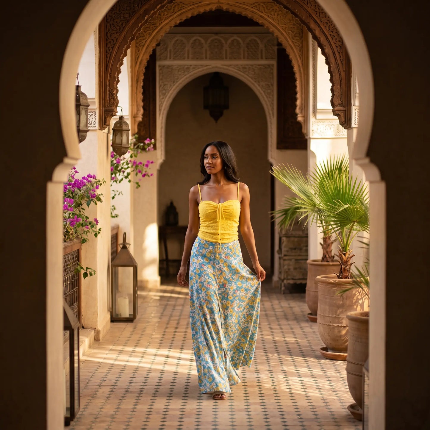 Female model wearing a Zendri yellow ruched top and blue floral maxi skirt, walking through an ornate sunlit archway.