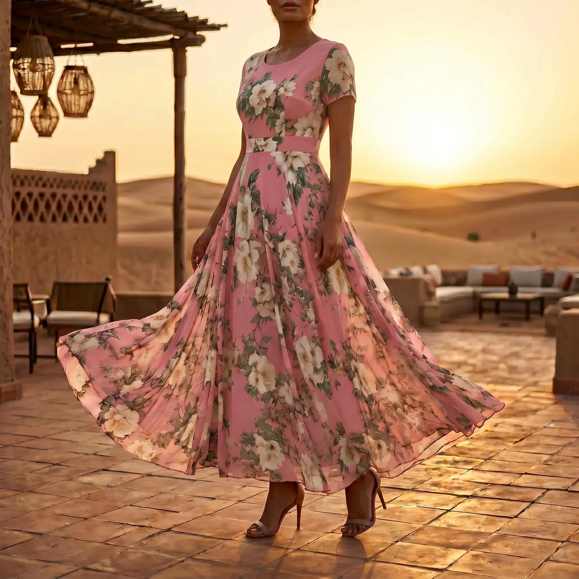 Woman in Zendyr Blush Pink Floral Chiffon Midi Dress, featuring a scoop neck, short sleeves, and a flowing A-line skirt with a wide waistband. Model stands elegantly on a terracotta patio against a desert sunset backdrop, showcasing the delicate watercolor floral print and ethereal drape of the dress.