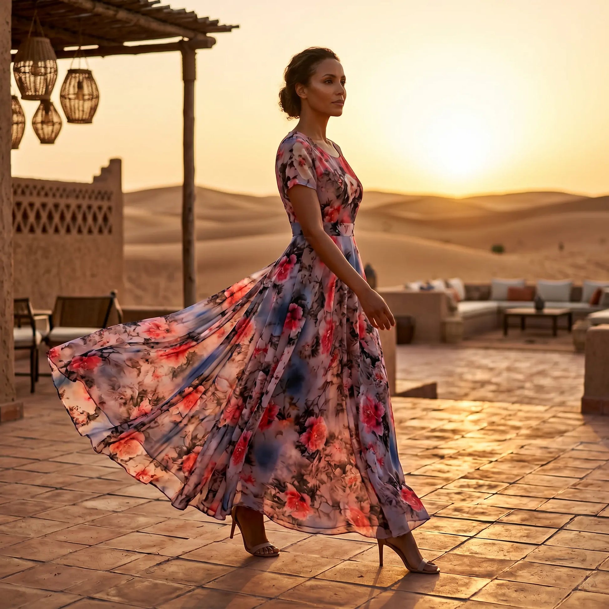 Woman wearing a Zendyr Floral Chiffon Midi Dress with a flowing A-line skirt and short sleeves, featuring large watercolor blooms in pink and red with blue accents. She walks on a tiled patio at sunset in a desert resort.
