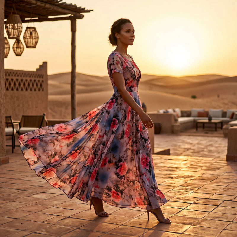 Woman wearing a Zendyr Floral Chiffon Midi Dress with a flowing A-line skirt and short sleeves, featuring large watercolor blooms in pink and red with blue accents. She walks on a tiled patio at sunset in a desert resort.