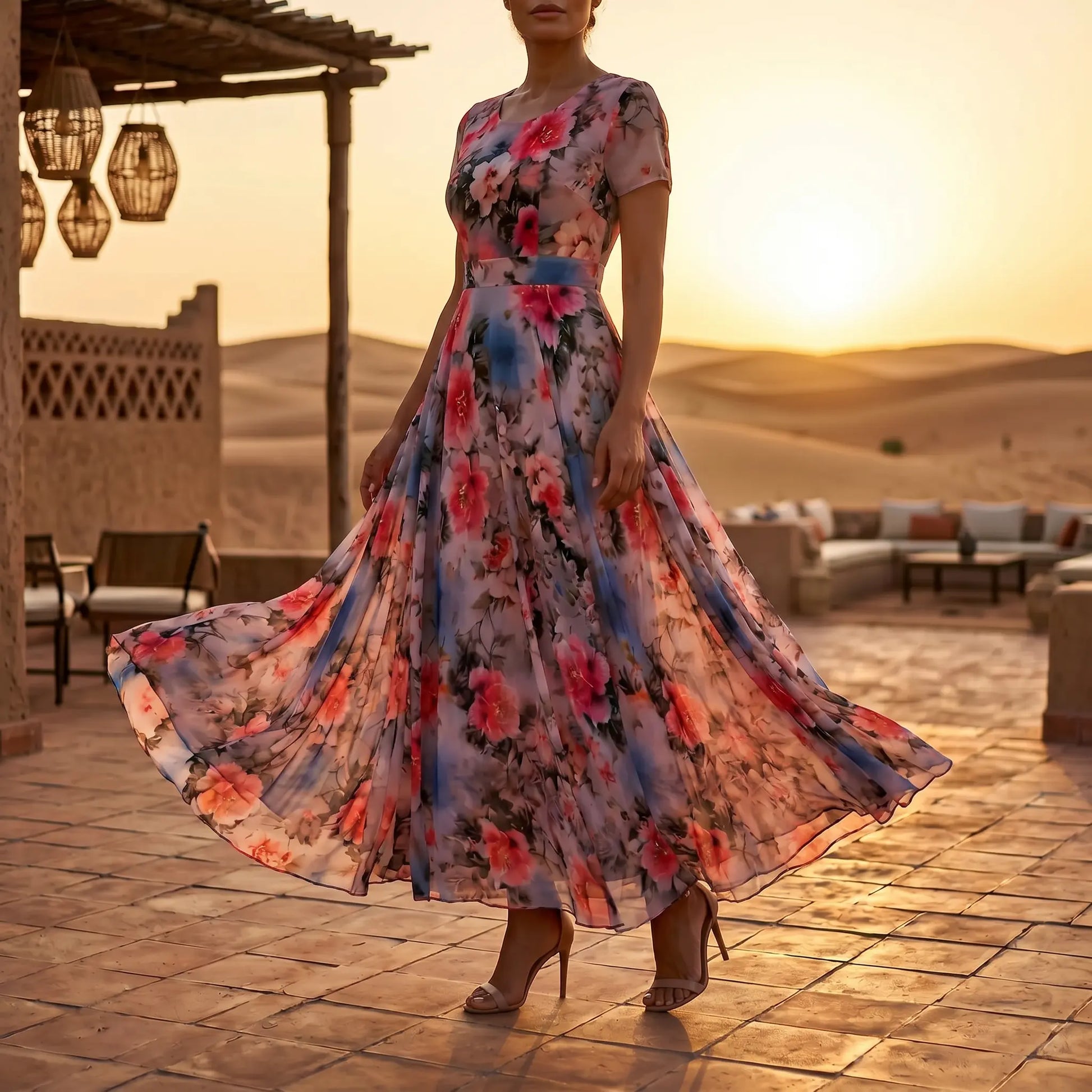 Women's Floral Chiffon Midi Dress