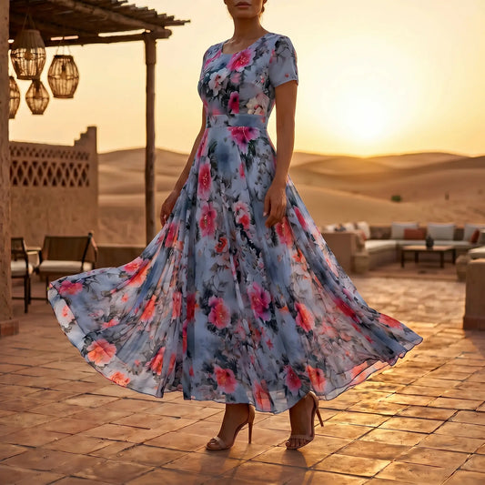 Woman wearing a Zendyr Powder Blue Floral Chiffon Midi Dress with a scoop neck and short sleeves, featuring a flowing A-line skirt with large pink and orange flowers, posing on a tiled patio at sunset in a desert resort.