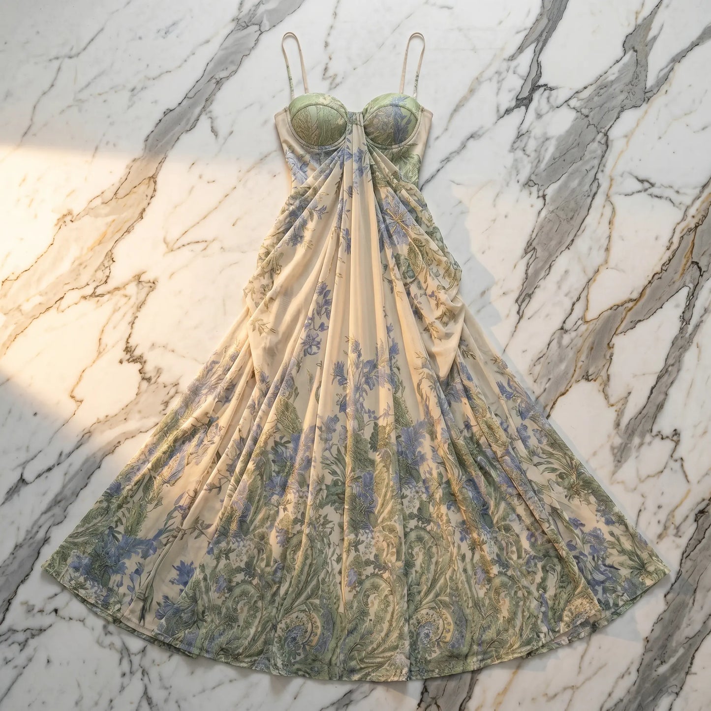 Zenthos Sage Botanical Mesh Floral Maxi Dress with gathered sweetheart bust and blue-green paisley print, displayed flat on a marble surface.