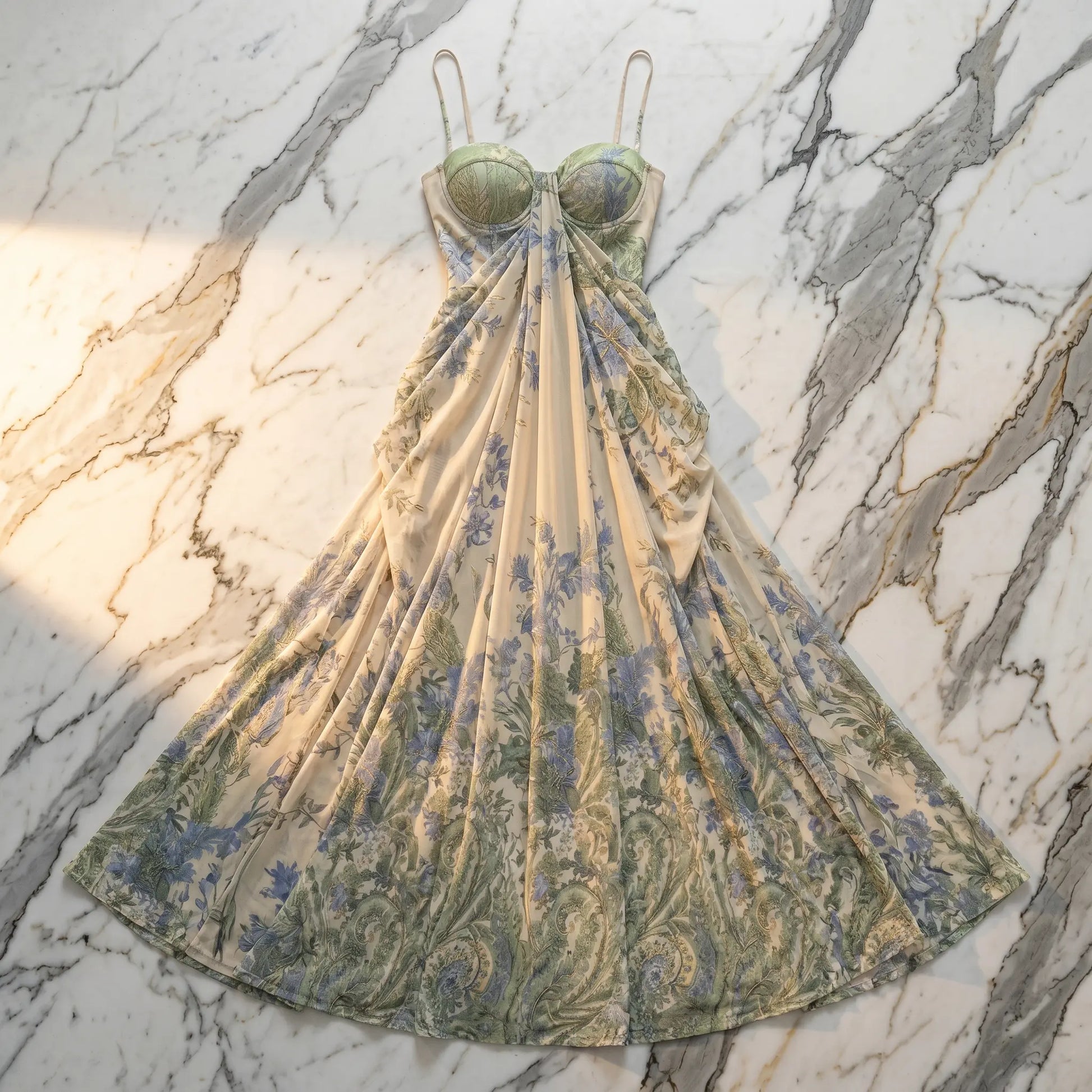 Zenthos Sage Botanical Mesh Floral Maxi Dress with gathered sweetheart bust and blue-green paisley print, displayed flat on a marble surface.