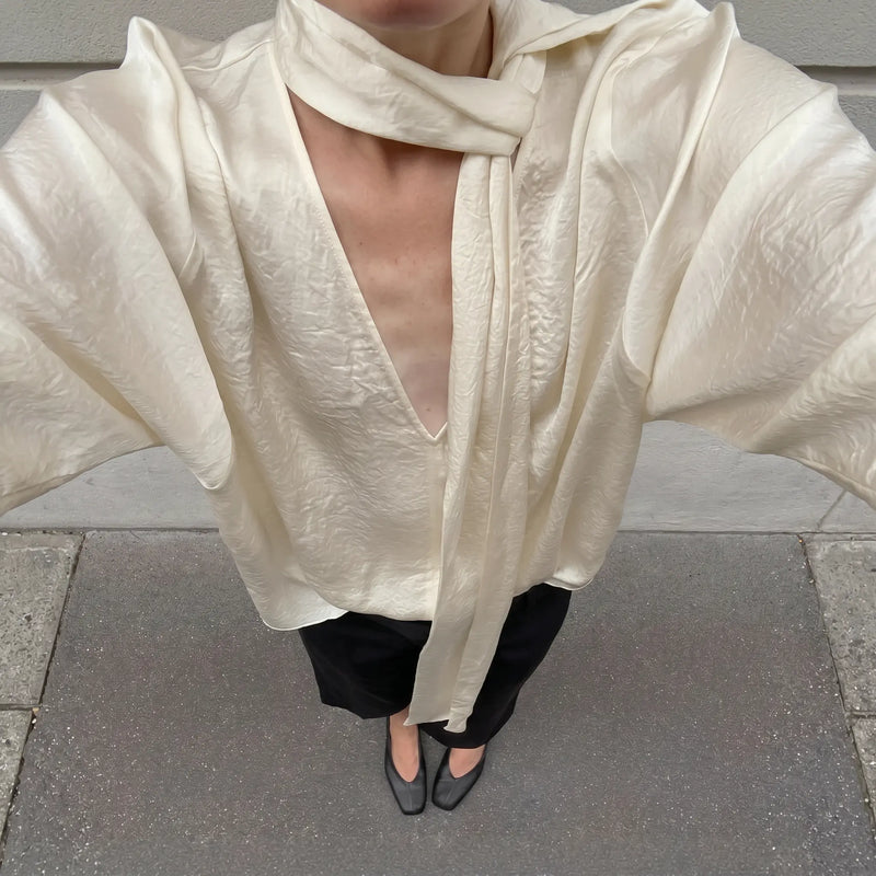 Zentoria - Elegant V-Neck Tie Blouse Creamy Ivory