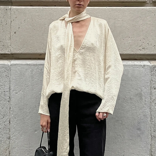 Zentoria - Elegant V-Neck Tie Blouse Creamy Ivory