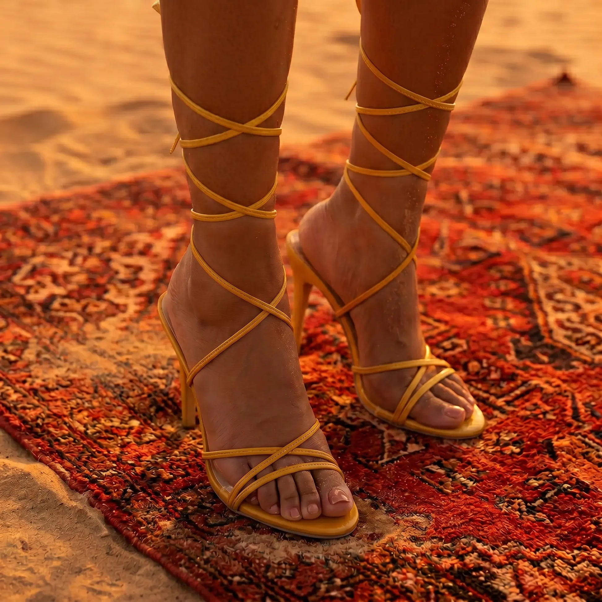 Zephrik vibrant yellow matte vegan leather lace-up stiletto sandals worn by a model, with thin straps crisscrossing over the toes and wrapping around the calves, standing on a patterned red and orange rug in a sandy desert setting.
