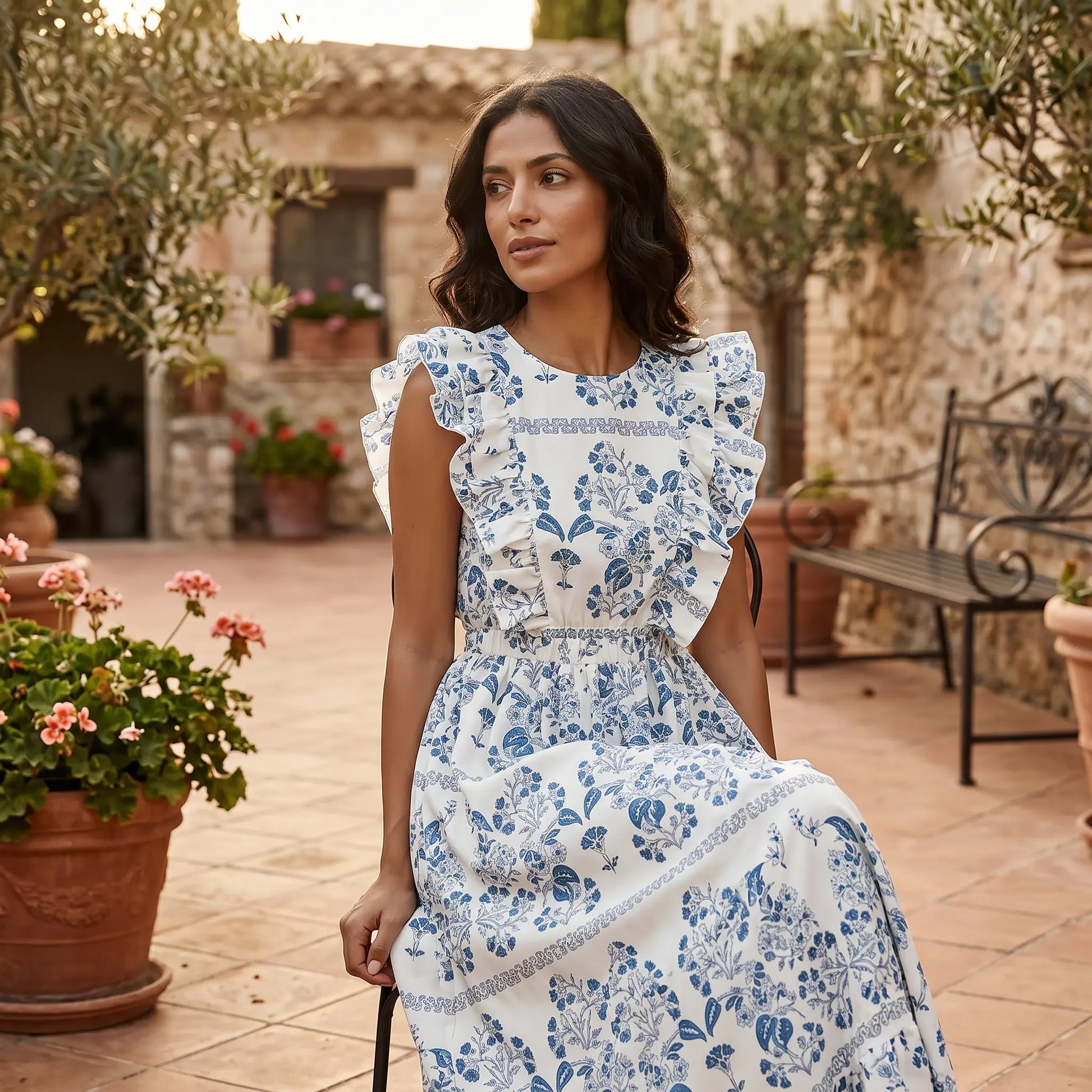 A woman models a white midi dress with a blue floral print, featuring ruffled cap sleeves, an elasticated waist, and an A-line skirt, sitting outdoors in a sunlit Mediterranean courtyard.