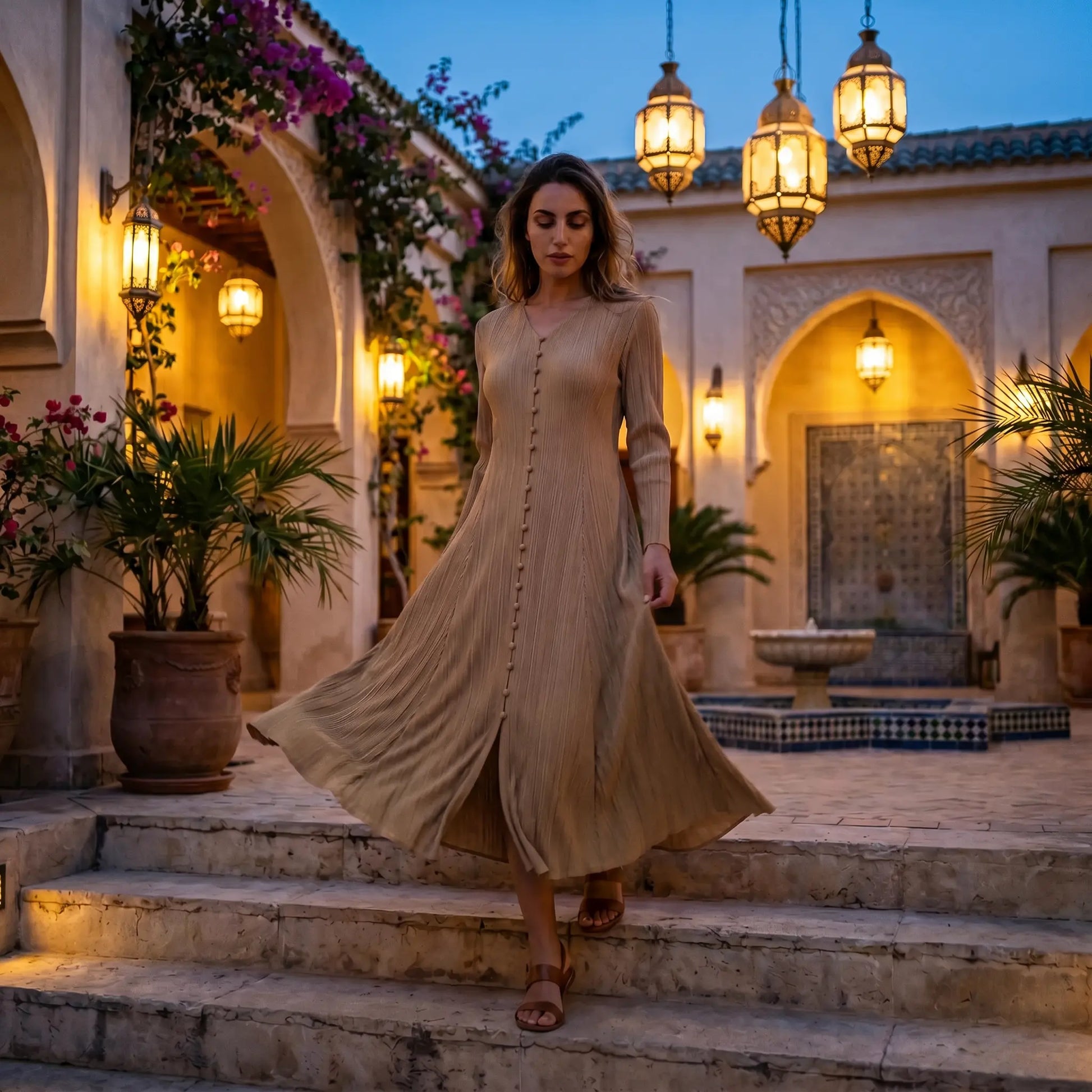 Model wearing Zethrin Desert Khaki pleated V-neck midi dress, walking on illuminated steps in a Moroccan courtyard at dusk.