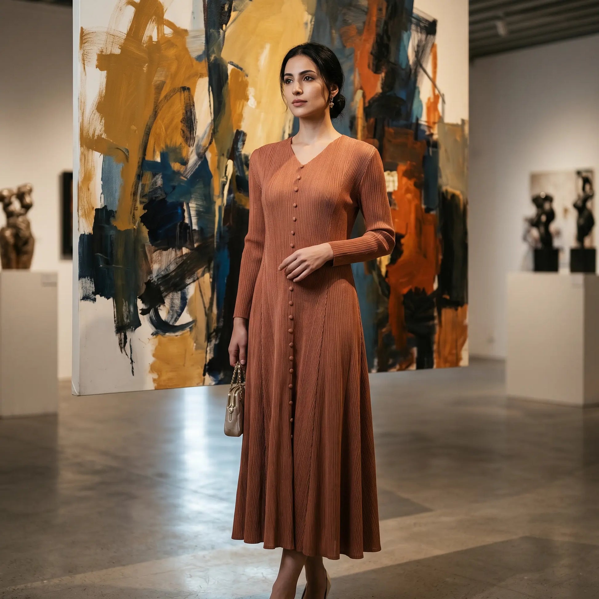 Zethrin Terracotta Red pleated V-neck midi dress with long sleeves and fabric-covered buttons, worn by a model posing in an art gallery.