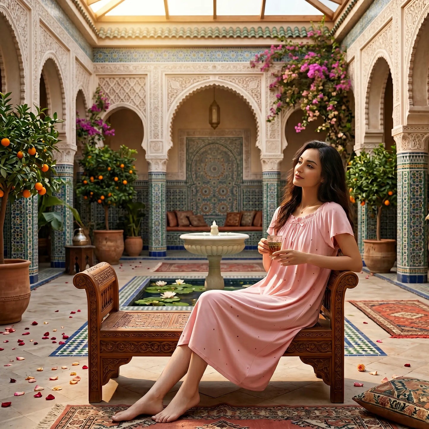 An elegant woman relaxes in a Moroccan riad wearing a Zevryn rosewater pink modal lounge dress, featuring a gathered scoop neck, short flutter sleeves, and a subtle micro-pointelle pattern.