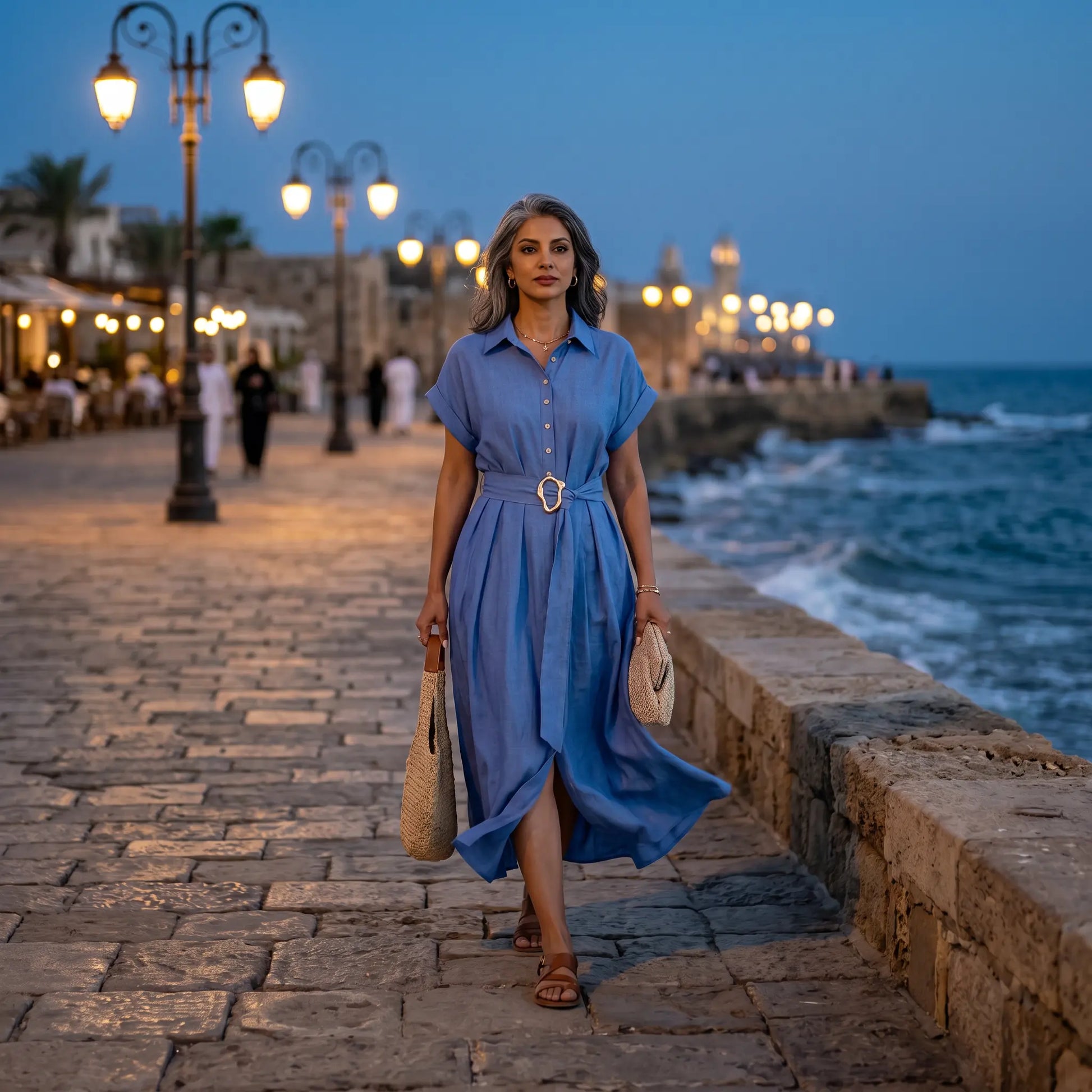 Woman in a Zivro chambray blue belted A-line midi dress walks seaside at dusk. The dress features cuffed short sleeves and a distinctive gold buckle.