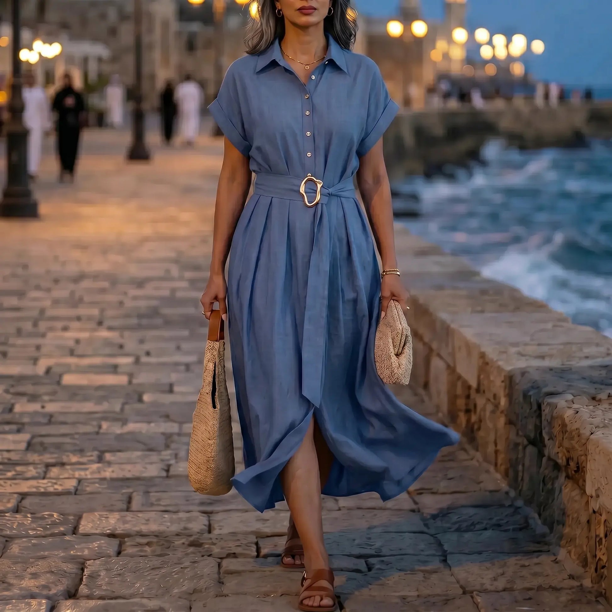 Model wearing a Zivro Chambray Blue belted linen-blend A-line midi dress, walking on a stone path by the sea at dusk. The dress features a structured point collar, cuffed short sleeves, a button-down bodice, and a wide fabric belt with an organic gold-tone buckle, creating a sophisticated silhouette.