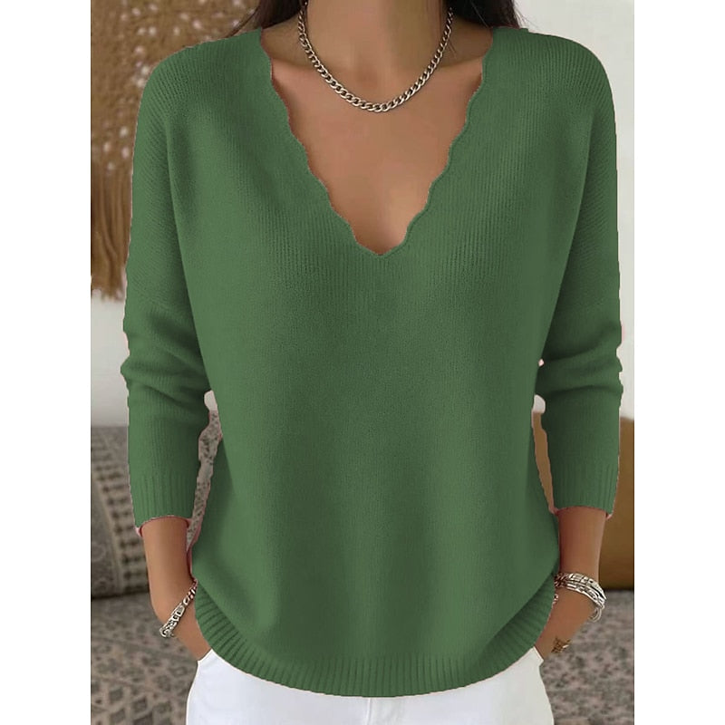 Scalloped V-Neck Pullover