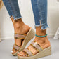 Zlata Women's gold glitter wedge slide sandals worn by a model with distressed denim jeans, showcasing the sparkling rose gold and iridescent straps and textured wedge heel.