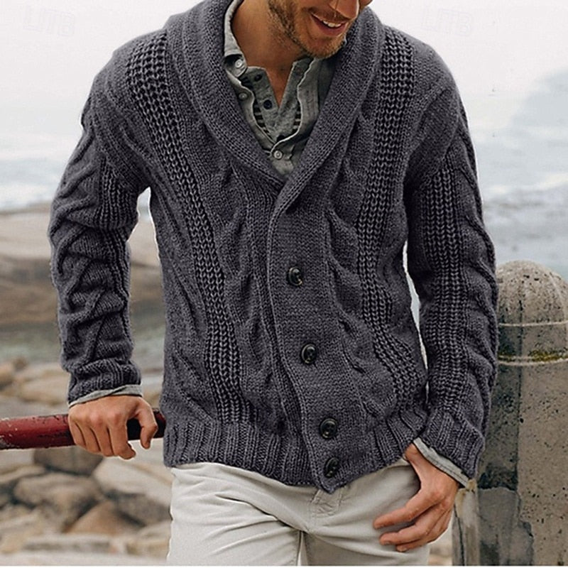 Cable-Knit Shawl Collar Cardigan