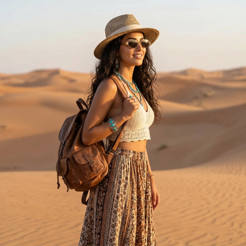 Model wearing Zokari gold oval metal frame sunglasses, straw hat, and bohemian ensemble with a leather backpack in a serene desert setting.