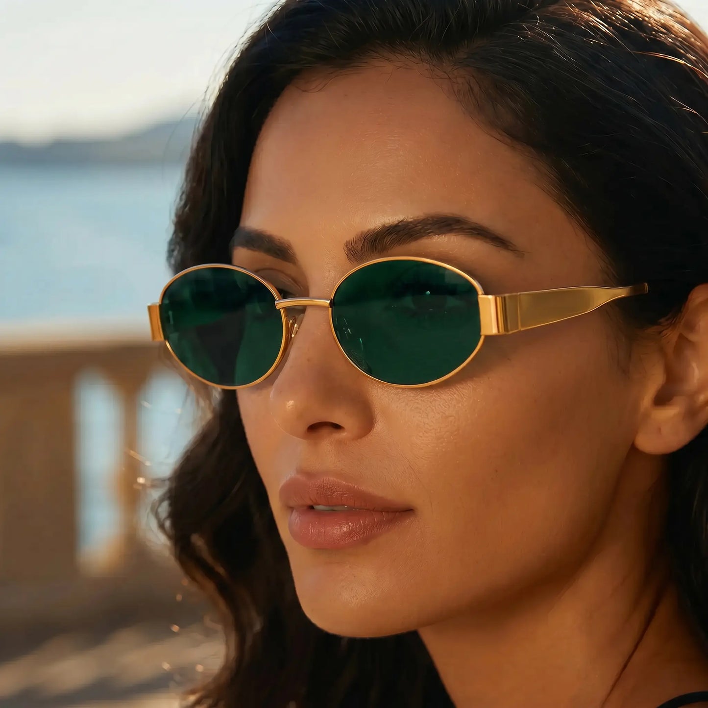 Model wearing Zokari Classic Gold and Emerald Tint vintage oval metal frame sunglasses with dark lenses, in a lifestyle setting.