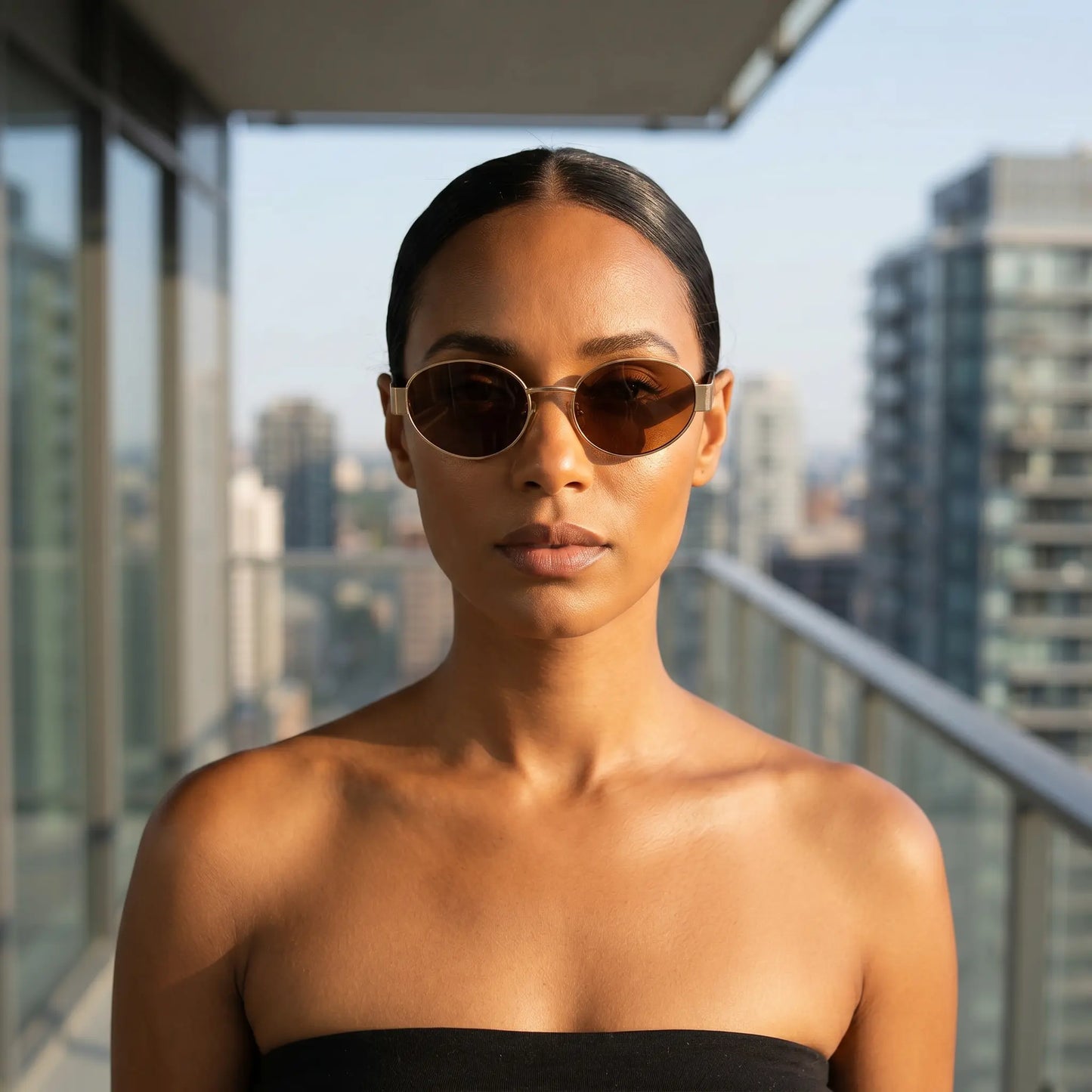 Model wearing Zokari vintage oval metal frame sunglasses with dark tinted lenses and gold frames against a city skyline backdrop.