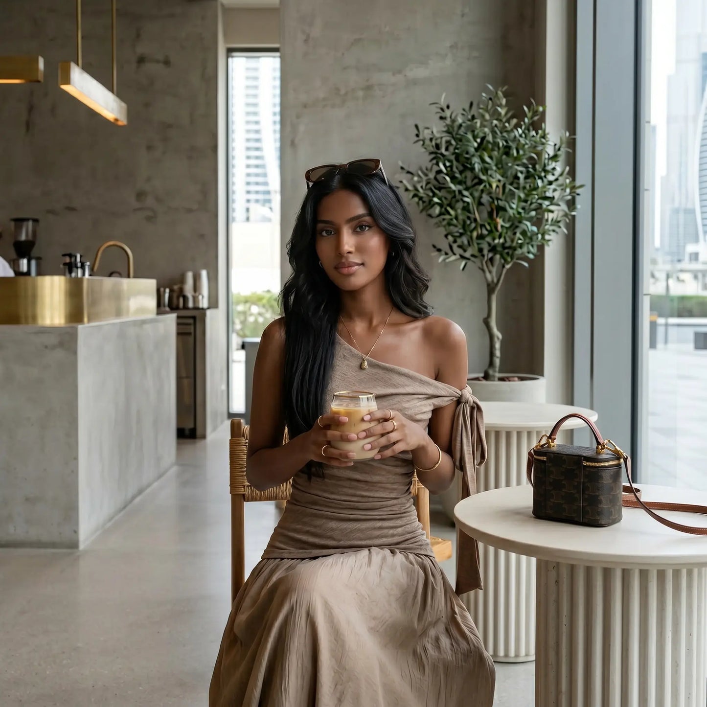 Model wears a coffee taupe Zolwen asymmetric ruched drop-waist maxi dress with a one-shoulder tie and flowing skirt, seated in a stylish cafe.