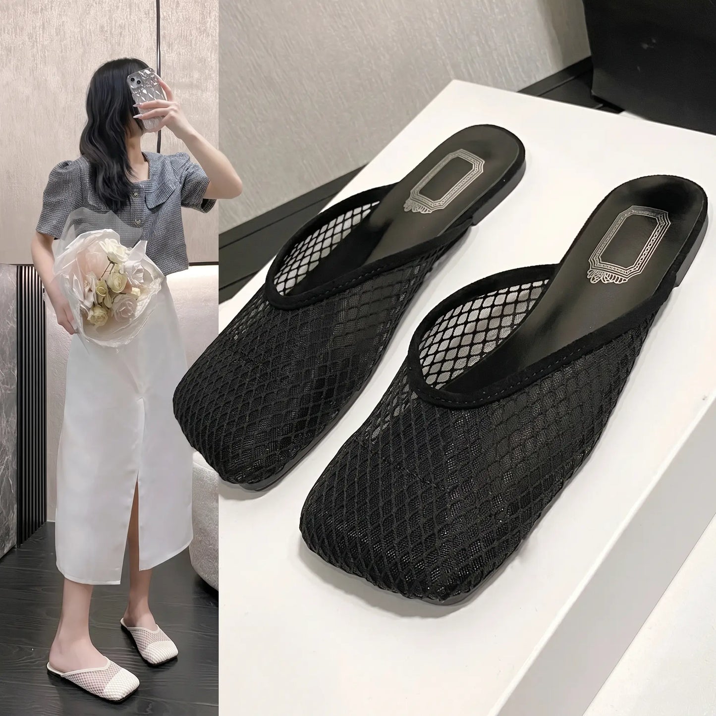 Zoria black mesh mules with square toe and flat sole shown from a three-quarter angle, paired with a lifestyle shot of a woman wearing white mules.