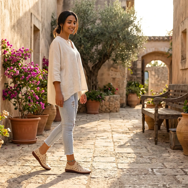 Woman strolling on a cobblestone path wearing beige perforated lace-up loafers and light wash distressed jeans, set in a charming outdoor European-inspired scene.