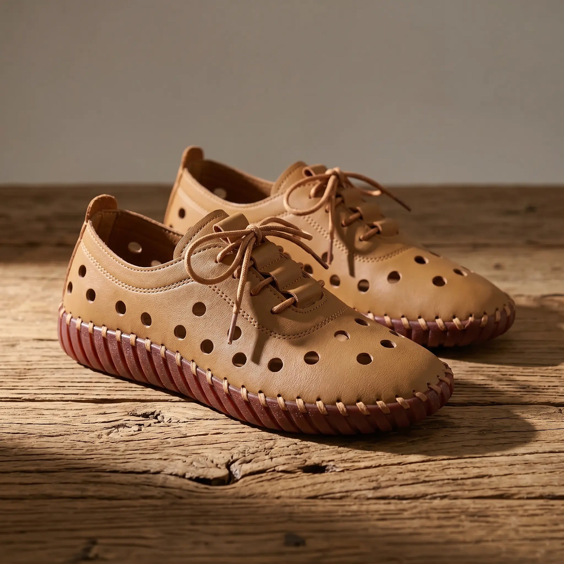 Pair of Zoryn beige perforated lace-up loafers on a wooden surface, showcasing artisanal contrast stitching and a flat sole.
