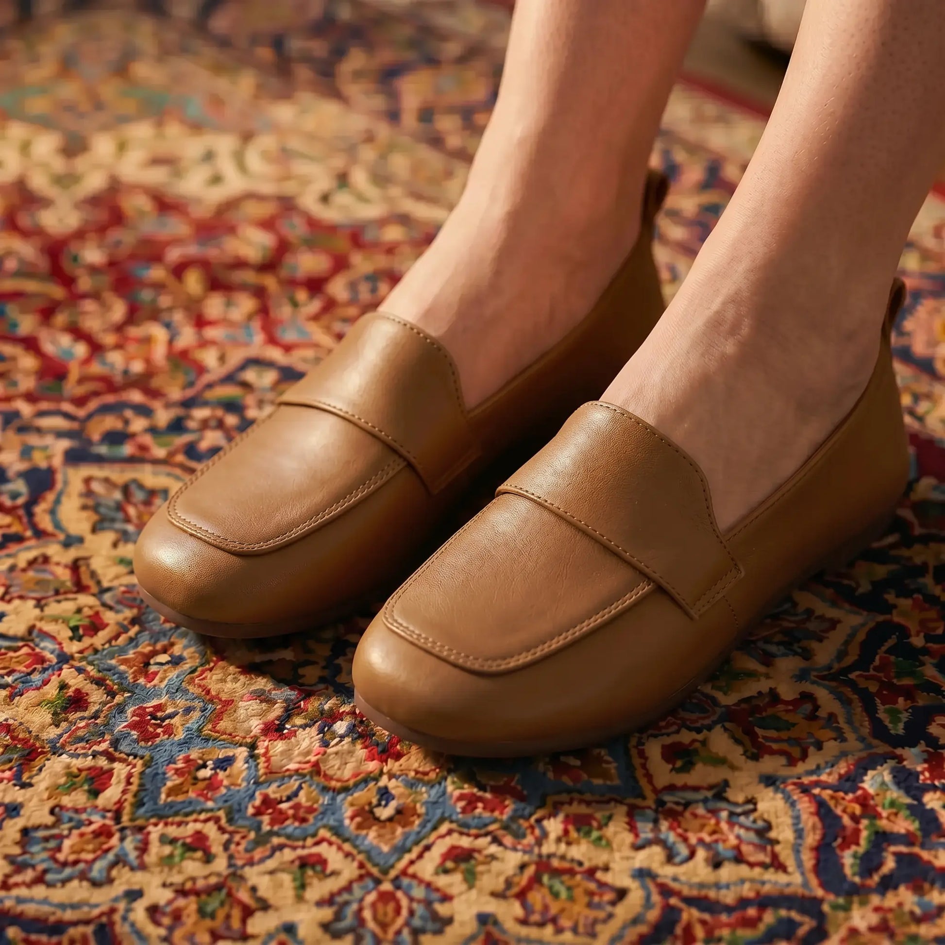 Classic Zoryn tan vegan leather slip-on loafers with a round toe and distinctive vamp strap, worn by a woman on a patterned rug.