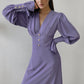 Zydra lilac chiffon midi dress with romantic V-neck, voluminous bishop sleeves, and pearl button details on bodice and cuffs, shown on a model.