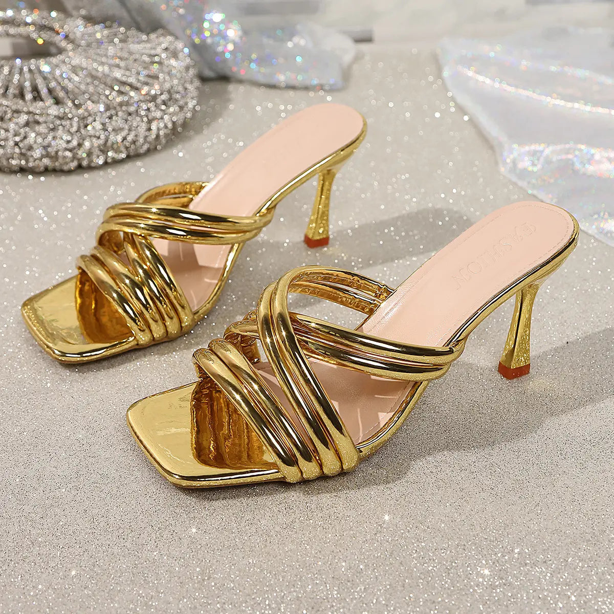 Zylith women's gold strappy square toe heeled mules, featuring multiple thin PU straps, a flared sculptural heel, and a light beige insole with embossed 'FASHION' text.