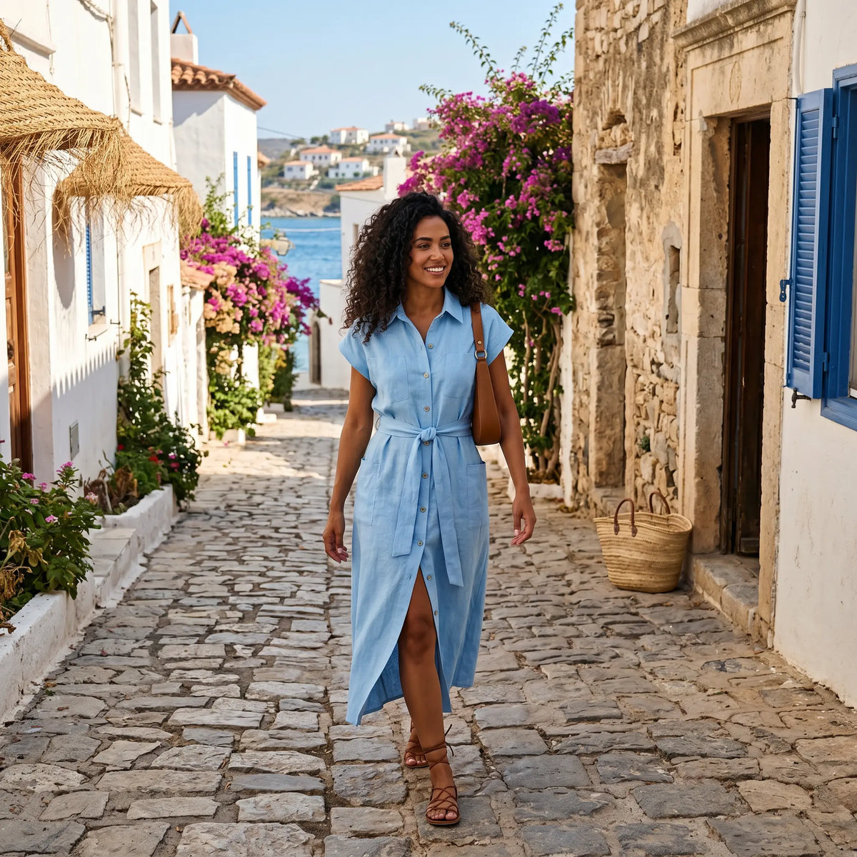 A woman walks down a sunlit cobblestone street in a sky blue belted midi shirt dress with cap sleeves and a high side slit, embodying Mediterranean summer style.