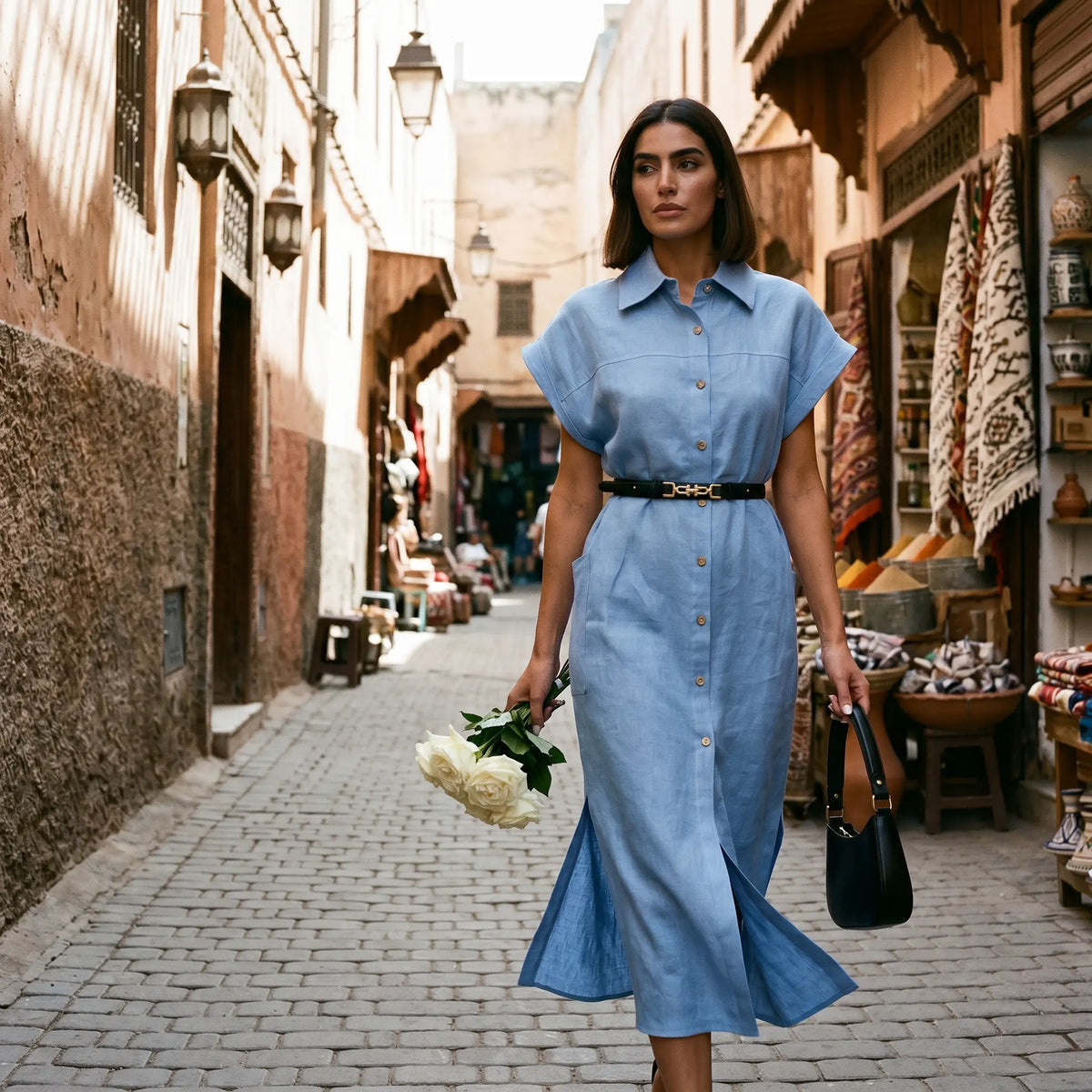 A woman in a sky blue linen blend belted midi shirt dress walks down a cobblestone street, holding white roses and a black handbag.