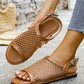 Zylos elegant comfort cognac brown mesh sandals with faux leather straps and a silver buckle closure, shown worn on a foot outdoors.