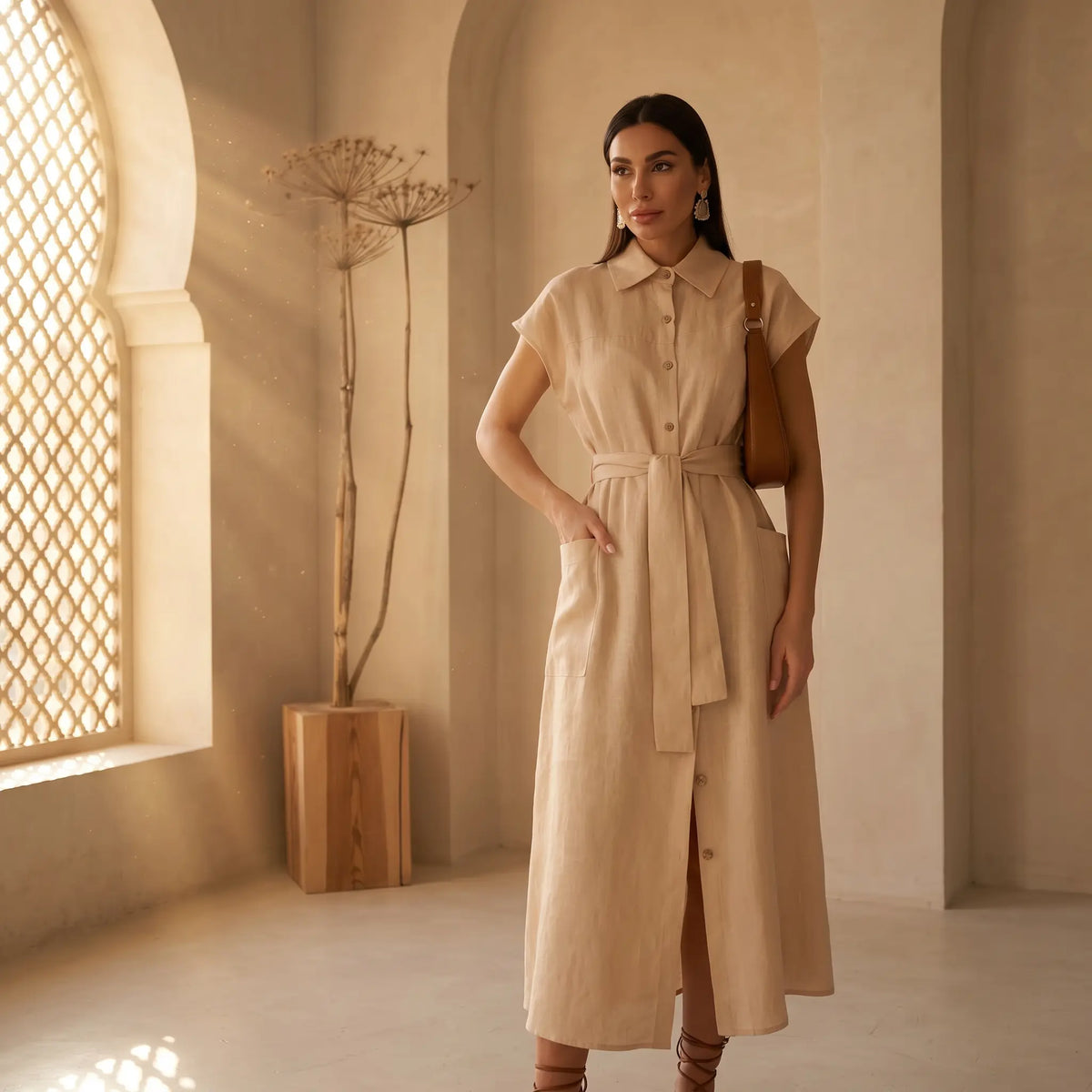 Elegant beige linen blend shirt dress with cap sleeves and a tie-waist, shown on a model in a sunlit interior setting with architectural details.