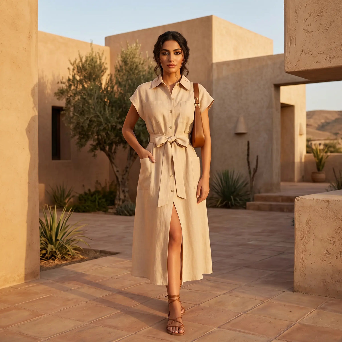 A woman models a belted midi linen shirt dress in oatmeal beige, featuring cap sleeves and a high side slit, set against an elegant desert architectural backdrop.