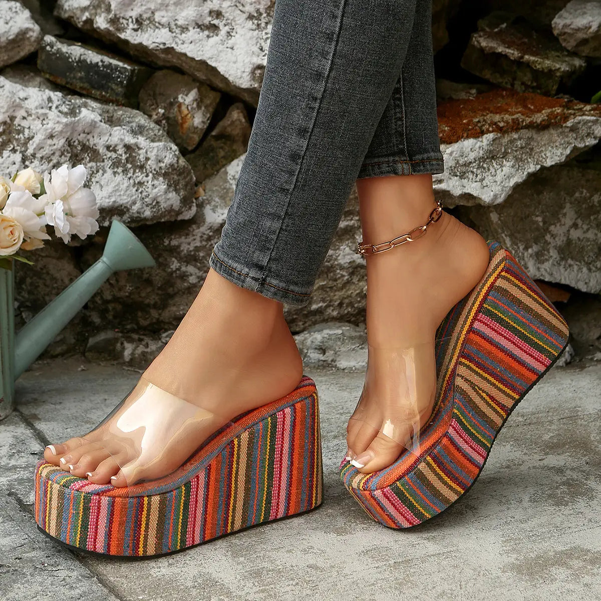 Zylpha bohemian platform wedge sandals with vibrant multi-color stripes and clear PVC strap, worn with denim jeans.