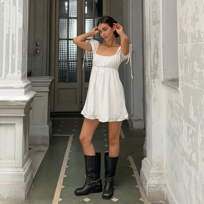 Zylpha - Elegant White Puff Sleeve Midi Dress