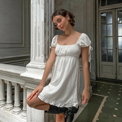 Zylpha - Elegant White Puff Sleeve Midi Dress