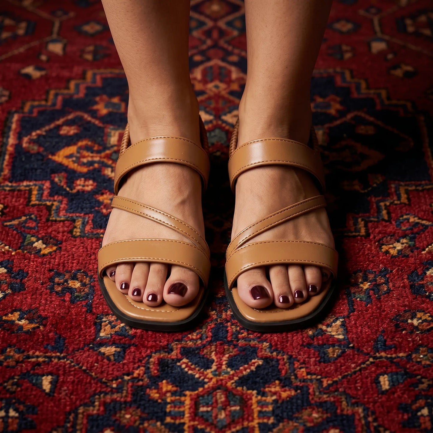 Model's feet showcase Zyneth Desert Tan vegan leather flat sandals, featuring elegant asymmetric crossover straps and an elastic slingback, on a vibrant red patterned rug.