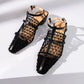 Zynthis black mesh heeled sandals featuring an elegant pointed toe, delicate woven straps, and a low block heel with an adjustable ankle strap.