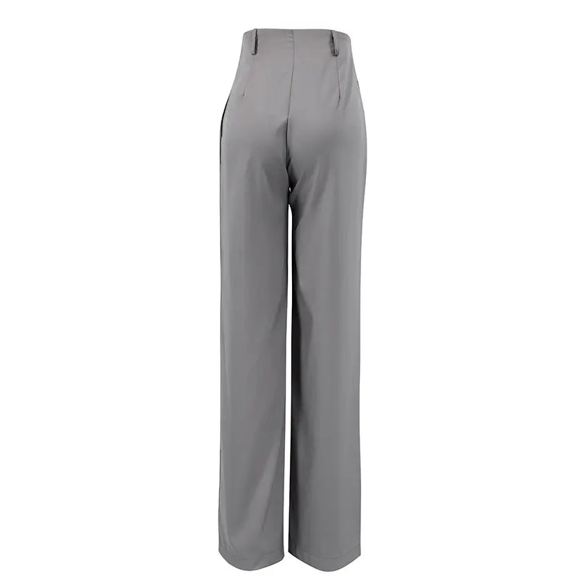 Back view of Zyntra elegant grey wide-leg trousers showcasing their fluid drape, high waist, and smooth fabric construction.
